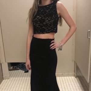 black & champagne lace prom dress